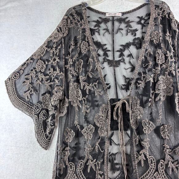 Origami Vivien Kimono Womens OS Embroidered Lace Sheer Boho Gypsy Leather Fringe - Picture 4 of 16